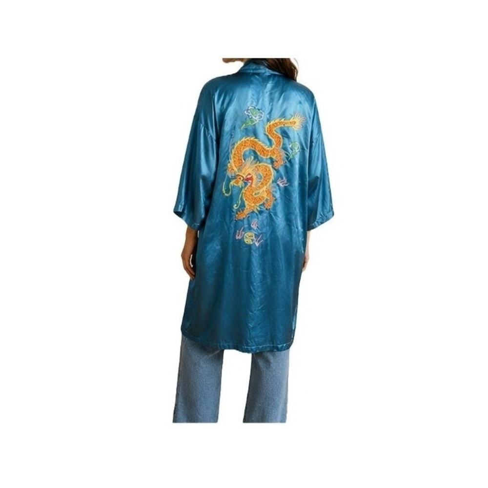 Vintage Pearls Silk Dragon Embroidered Robe Blue Kimono Style Size S Midcentury